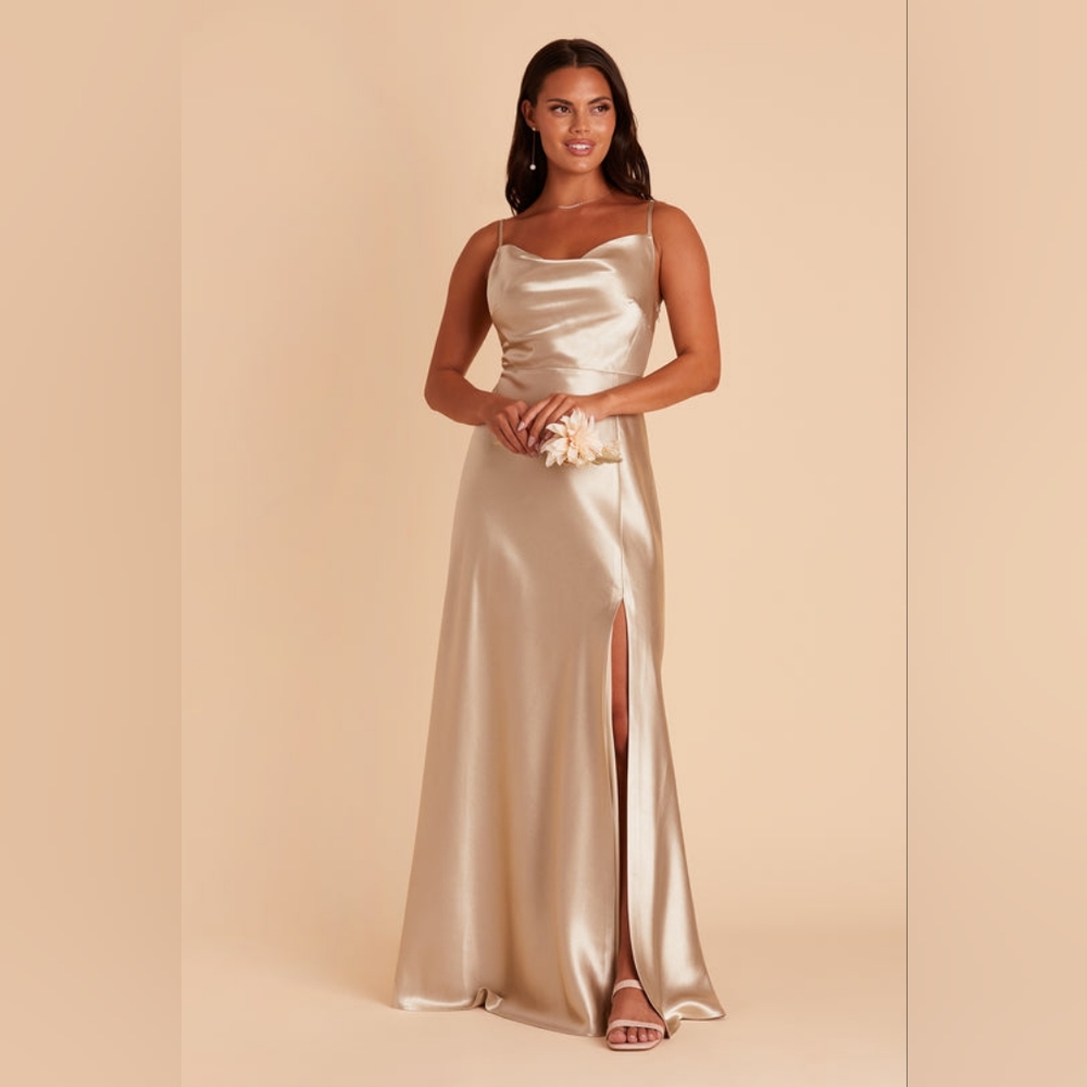 Birdy Grey Lisa Champagne Satin Cowl Neck Leg Slit Dress